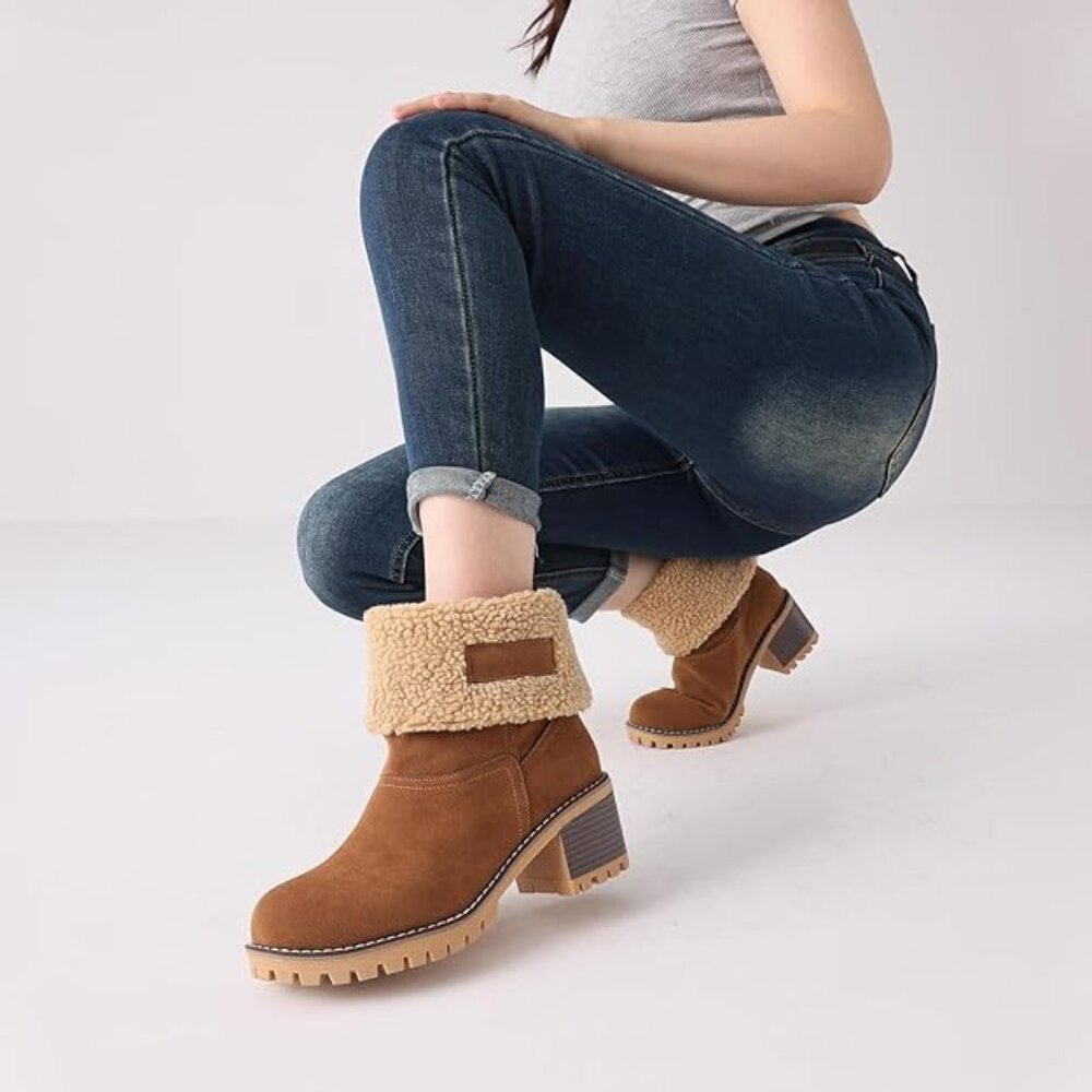 NEW Winter Snow Boots for Women, Comfortable Slip On Mid Chunky Heel Suede Warm